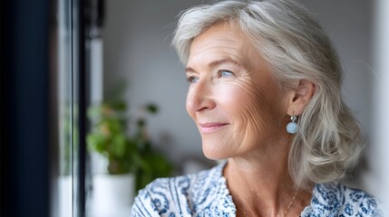 This is a close up portrait of a senior woman with short grey hair looking to the side with a gentle smile embodying a peaceful and pensive mood while near a window with a plant in the background