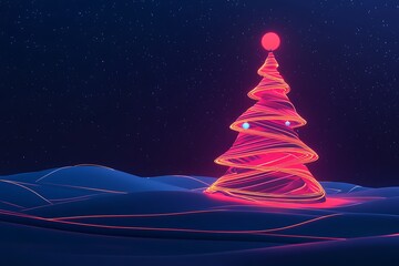 •	Minimalist Christmas tree made of glowing lines and ornaments, set against a deep blue gradient night background 