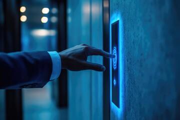 A businessman's hand presses a futuristic, glowing blue elevator or smart control panel button, signaling interaction in a modern, high-tech environment.