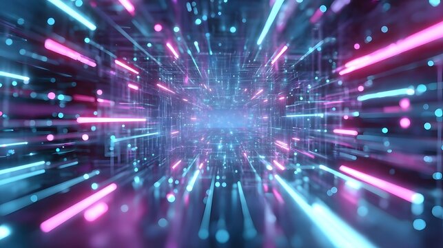 Abstract visual of a luminous digital network tunnel with streaks of bright pink and blue neon lights creating a feeling of rapid motion data flow and futuristic technology