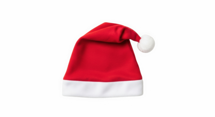Classic red santa hat with white trim and pom pom isolated on a black background