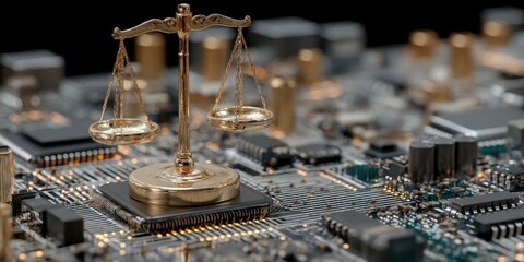 Digital Justice: Scales of Law Overlapping a Circuit Board Highlighting Tech and Legal Intersection