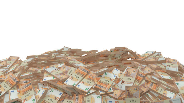 d&eacute;coration de pied de page avec des centaines de liasses de billets de banque de 50 euros - illustration 3D sur fond transparent