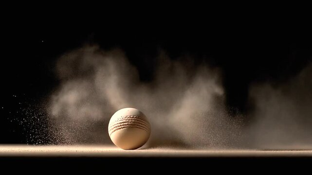 Dynamic cricket ball impact with dust particles on a dark background showcases power and