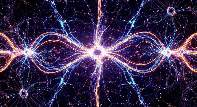Abstract depiction of neural network connections with glowing nodes and pathways. Concept for neuroscience research, artificial intelligence systems and brain simulations