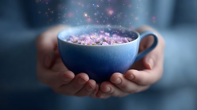 A close up view shows cupped hands holding a ceramic blue mug brimming with tiny purple flowers and water while luminous glowing particles float upwards creating an enchanting mystical atmosphere - Powered by Adobe