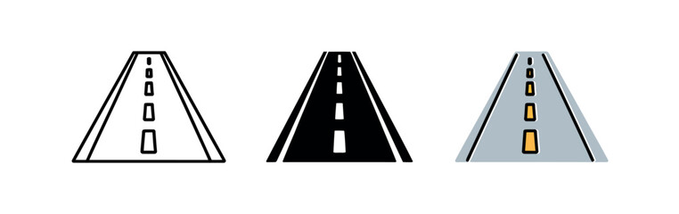 A stylized representation of a road with varying styles including outline, solid black, and colored variants.