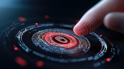 A close-up shot shows a human finger with a digital grid overlay touching a glowing red security icon at the center of a complex, circular digital interface. Th