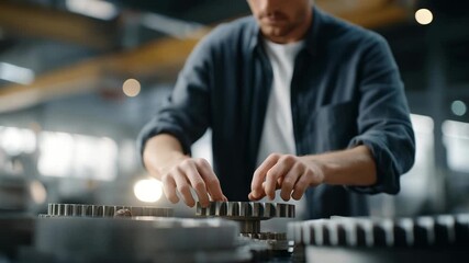 Close-up of mechanical gears being aligned by human-robot teamwork — representing artisanal tradition enhanced by robotics, futuristic repair methodology, and metaphorical synergy between past and