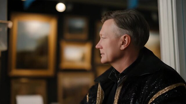 Collector&rsquo;s eyes glistening as they reflect a priceless painting displayed under spotlight during a high-stakes bidding round &mdash; concept of emotional connection to art, investment passion, and the