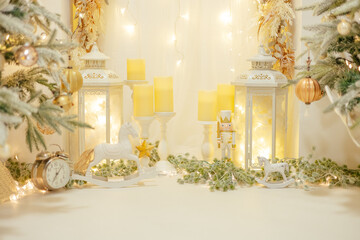 Beautifully illuminated Christmas decoration with sparkling lights, Christmas trees, stars, teddy bears and presents.