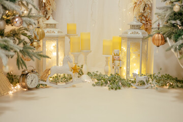 Beautifully illuminated Christmas decoration with sparkling lights, Christmas trees, stars, teddy...