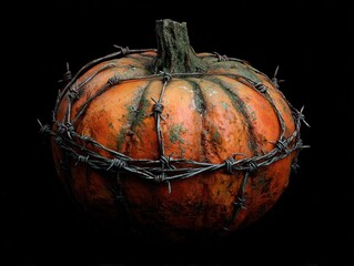 Creepy pumpkin wrapped in barbed wire for Halloween horror or fall harvest festival promotions
