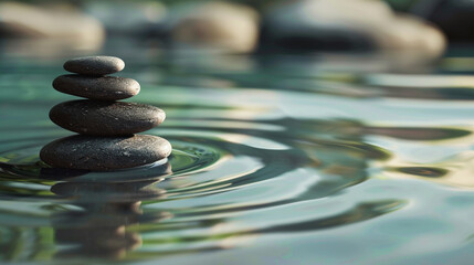 Stack of pebbles in a pool of water with ripples, zen and meditation concept