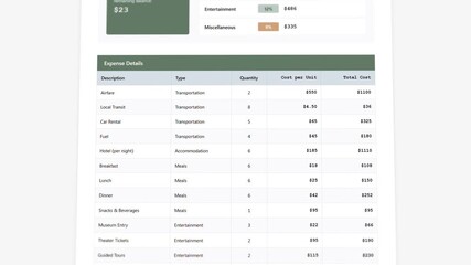 Detailed animated travel expense report template: interactive budget tracking with comprehensive spending breakdown display