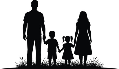 Family silhouette with parents and two children holding hands on grass, love and unity black vector illustration concept
