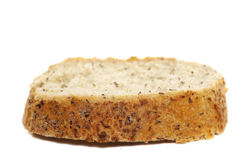 Buckwheat integral bread slice isolated on white background, side view