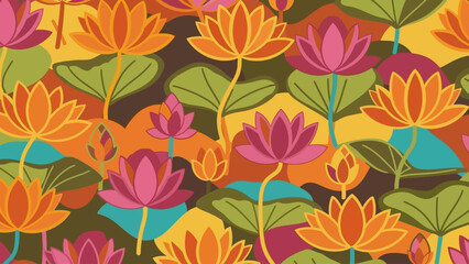 8k Colorful floral pattern featuring vibrant lotus flowers and green leaves in a repeating design.