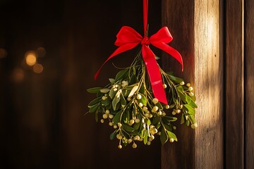 •	Mistletoe bouquet tied with red ribbon hanging from a wooden doorway, glowing softly 