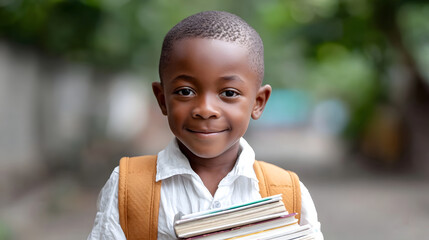 Portrait of a bright smiling young African boy wearing a school backpack and holding educational books conveying a sense of joy learning and eagerness for knowledge outdoors