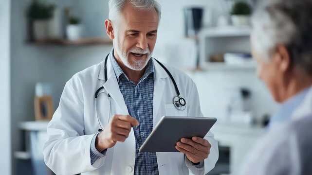 geriatrician sharing positive test results on tablet video