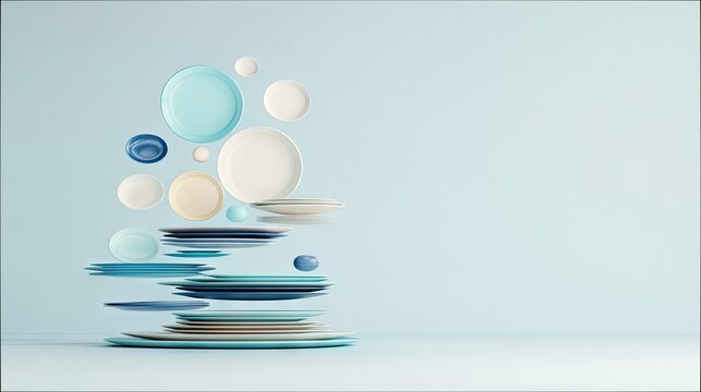 A collection of ceramic plates and bowls in different sizes and shades of blue, white, and cream are arranged in a dynamic, floating composition against a soft, - Powered by Adobe