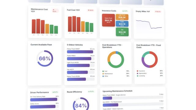 Comprehensive interactive logistics dashboard template: detailed fleet management with animated vehicle performance tracking display