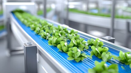 Automated conveyor belt system transporting freshly harvested green lettuce seedlings in a sterile high tech indoor farm for efficient production and distribution