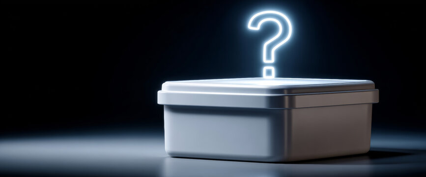 White closed box with glowing neon question mark symbol above it on dark background representing mystery and unknown contents