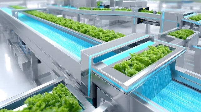 High tech automated system for efficient hydroponic cultivation of fresh vibrant green lettuce in a clean futuristic indoor farming facility