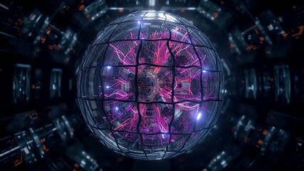 Advanced energy core contained inside a high-tech chamber with glowing pink electric currents and metallic structures forming a powerful sci-fi sphere - Powered by Adobe
