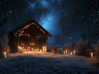 •	Nativity scene under a starry sky with soft candlelight and hay-covered floor 