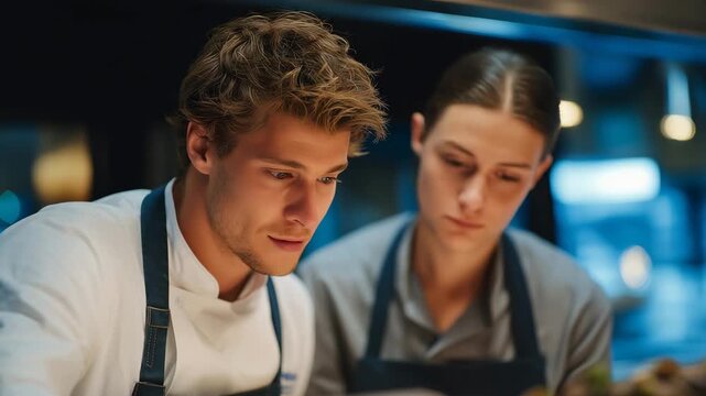 Over-the-shoulder view of holographic recipe projections guiding chefs as they taste and adjust — representing global culinary collaboration, immersive cooking technology, and artistic