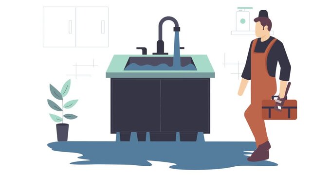 Plumber working under overflowing Kitchen sink Cabinet animation, Replacing Leaky Vanity counter animated video, plumbing worker Clip, Handyman Services footage, HVAC technician motion graphics