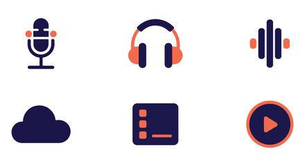 Podcast equipment icons microphone, headphones, sound wave, cloud, playlist, and play button perfect for podcasting, audio recording, and streaming content creation