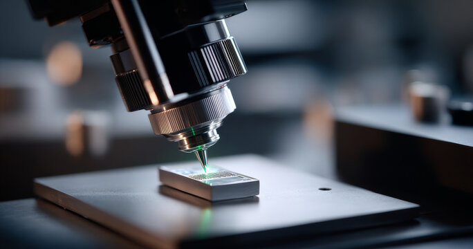Close-up of a microscope lens focusing on a slide with green light in a laboratory setting with blurred background