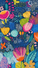 Colorful floral pattern, abstract boho style, vibrant flowers, blue background, modern botanical art, cheerful mood