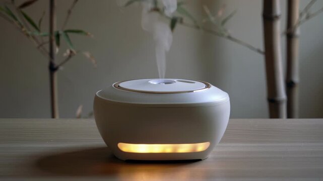 Essential oil diffuser with steam emitting on wood table set against bamboo. Home relaxation and aromatherapy device for healthy living.