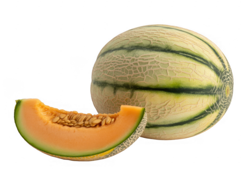 Cantaloupe melon with slice showing seeds and flesh isolated on a transparent background 1 - Powered by Adobe