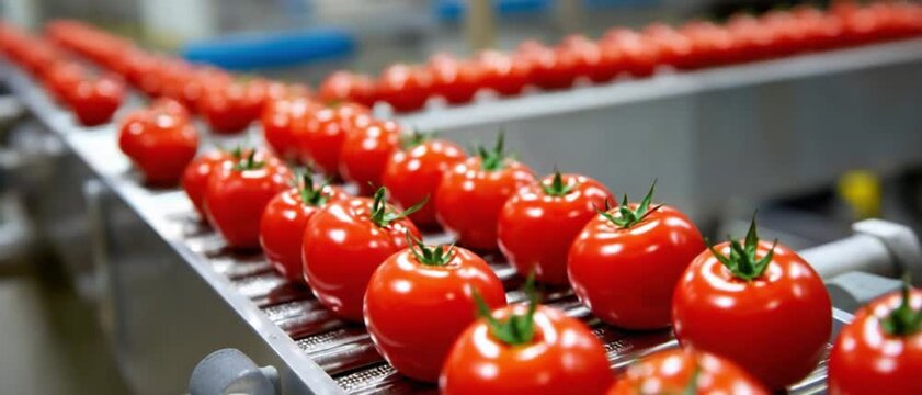Tomato Assembly Line: An endless flow of ripe, vibrant red tomatoes streams along a conveyer belt, a testament to efficiency and abundance. Each tomato is a burst of fresh flavor.