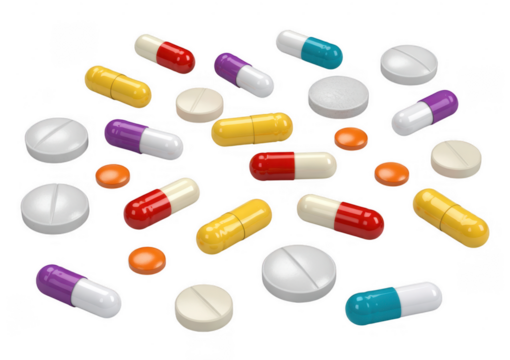 Assorted pills and capsules in red white yellow blue and purple isolated on a transparent background