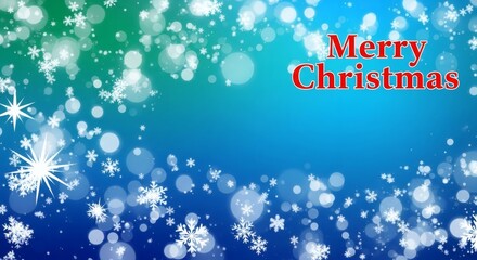 Merry Christmas Snowflakes sparkle against a blue and green winter background.
