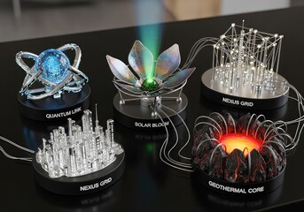 Five futuristic technological models representing advanced energy and data systems.