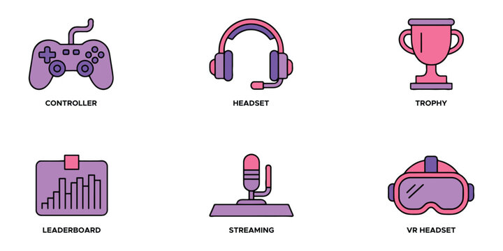 Gaming icons set featuring a controller, headset, trophy, leaderboard, streaming microphone, and vr headset