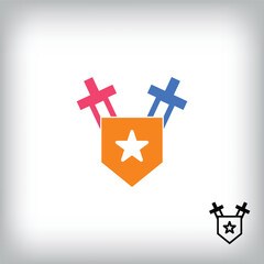 Simple colorful shield and weapon design. Creative protection and assurance design, corporate identity.