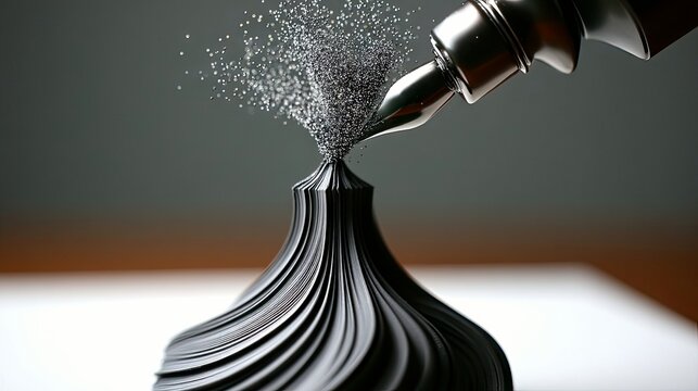 A close-up shot of a metallic fountain pen tip releasing a cloud of fine silver glitter onto a dark, swirled object. The scene is lit softly, creating a moody a
