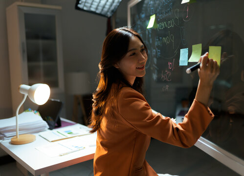Young businesswoman brainstorming new business strategy on whiteboard - Powered by Adobe