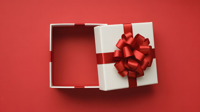 Open white gift box with vibrant red ribbon and bow, set against a rich red background, perfectly symbolizes surprise, celebration, and the joy of thoughtful giving