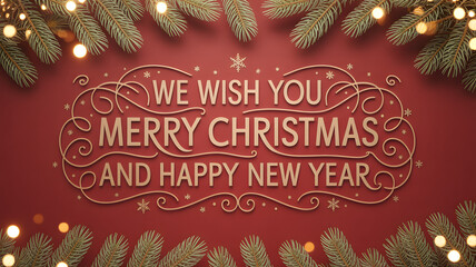 A festive red background with elegant golden typography wishing we wish you merry christmas and happy new year, adorned with sparkling fir branches and warm bokeh lights