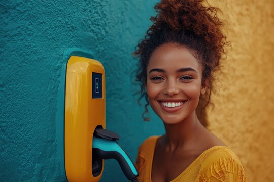 Smiling woman next to a bright yellow electric vehicle charging station, symbolizing eco-friendly transportation and a happy sustainable future.